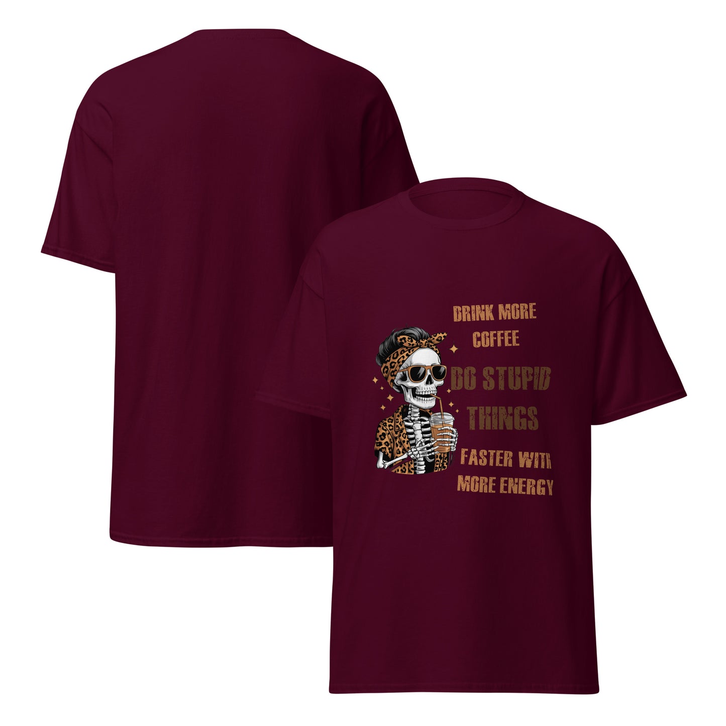 Pro Drink More Coffee Do Stupid Things Faster skull leopard print funny coffee shirt dark background duct mockup