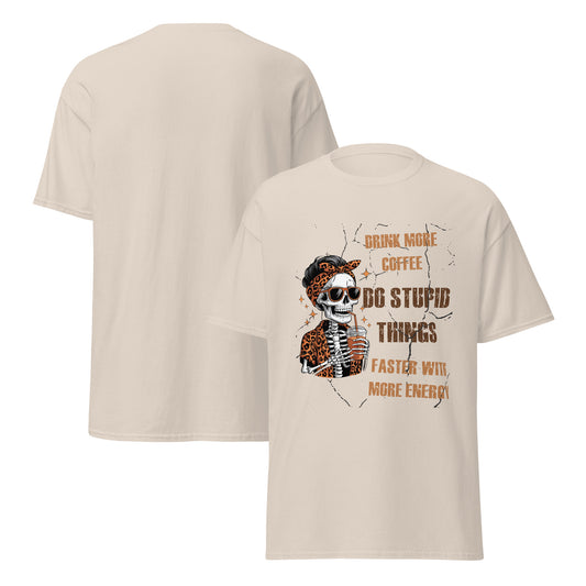 Drink More Coffee Do Stupid Things Faster skull leopard print funny coffee shirt light background"